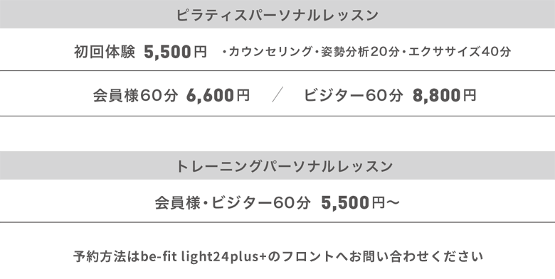 パーソナルレッスン料金表(南草津店)